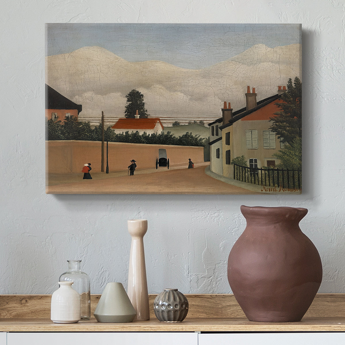 Canvas art print featuring a simplified urban landscape with architecture and sky, styled above a decorative console