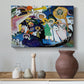 Canvas art print featuring a dynamic arrangement combining abstraction with figurative hints, styled above a decorative console