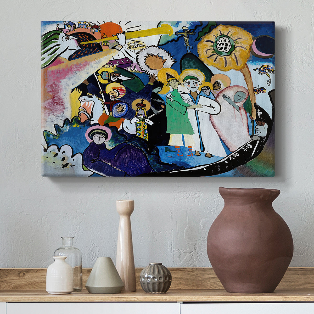 Canvas art print featuring a dynamic arrangement combining abstraction with figurative hints, styled above a decorative console