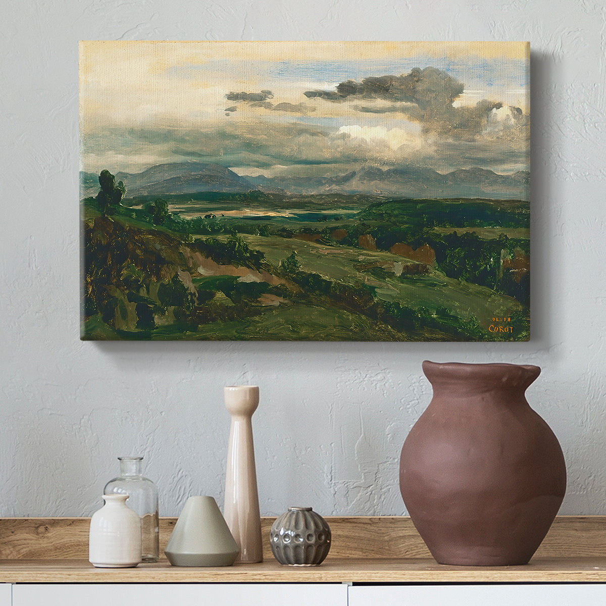 Canvas art print featuring an atmospheric landscape with architecture and elevation, styled above a decorative console