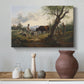 Canvas art print featuring a pastoral interaction between human and livestock, styled above a decorative console
