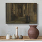 Canvas art print featuring a dimly lit religious building with structural details, styled above a decorative console