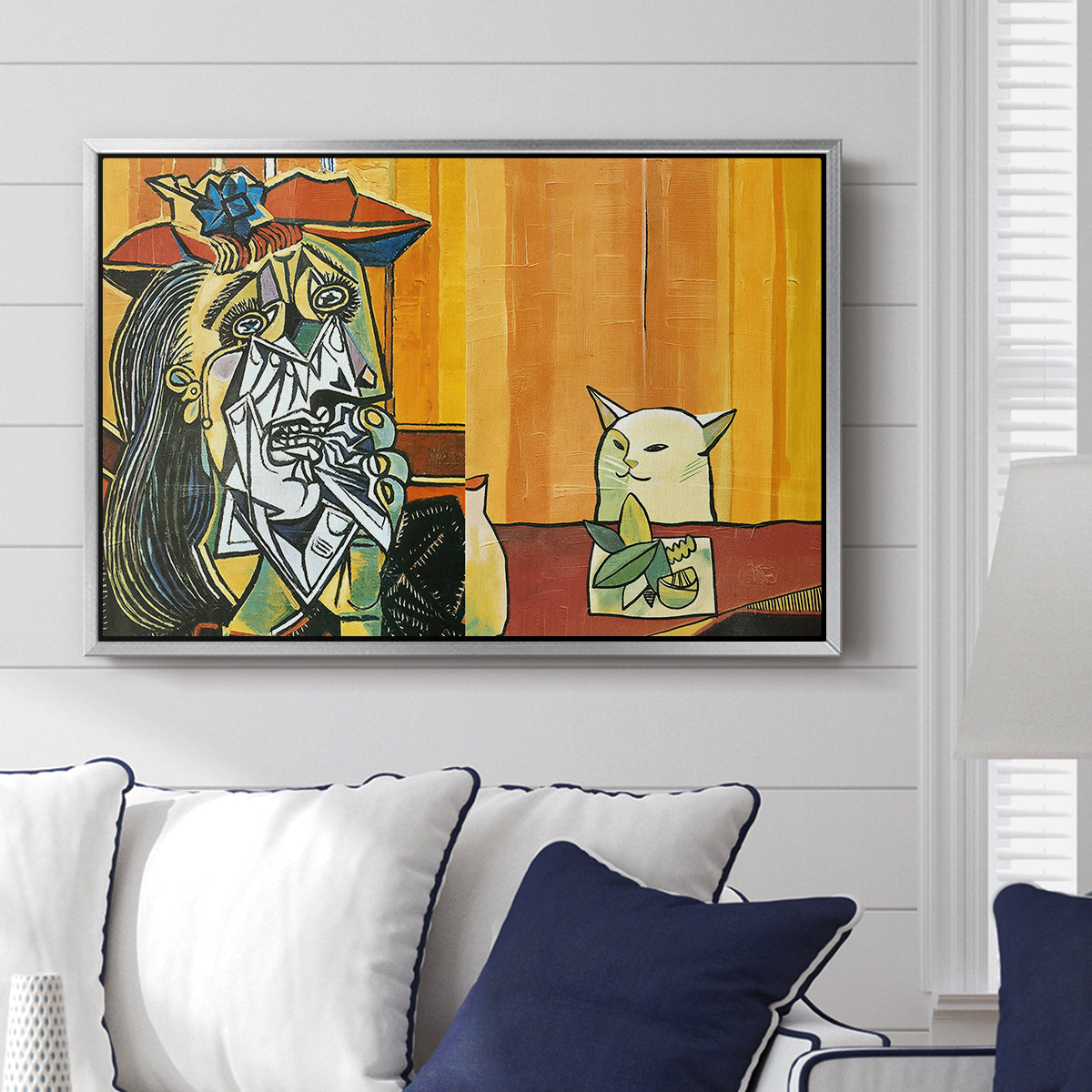 Woman Yelling at a Cat Meme (Picasso Parody) - Floater Framed Canvas Print