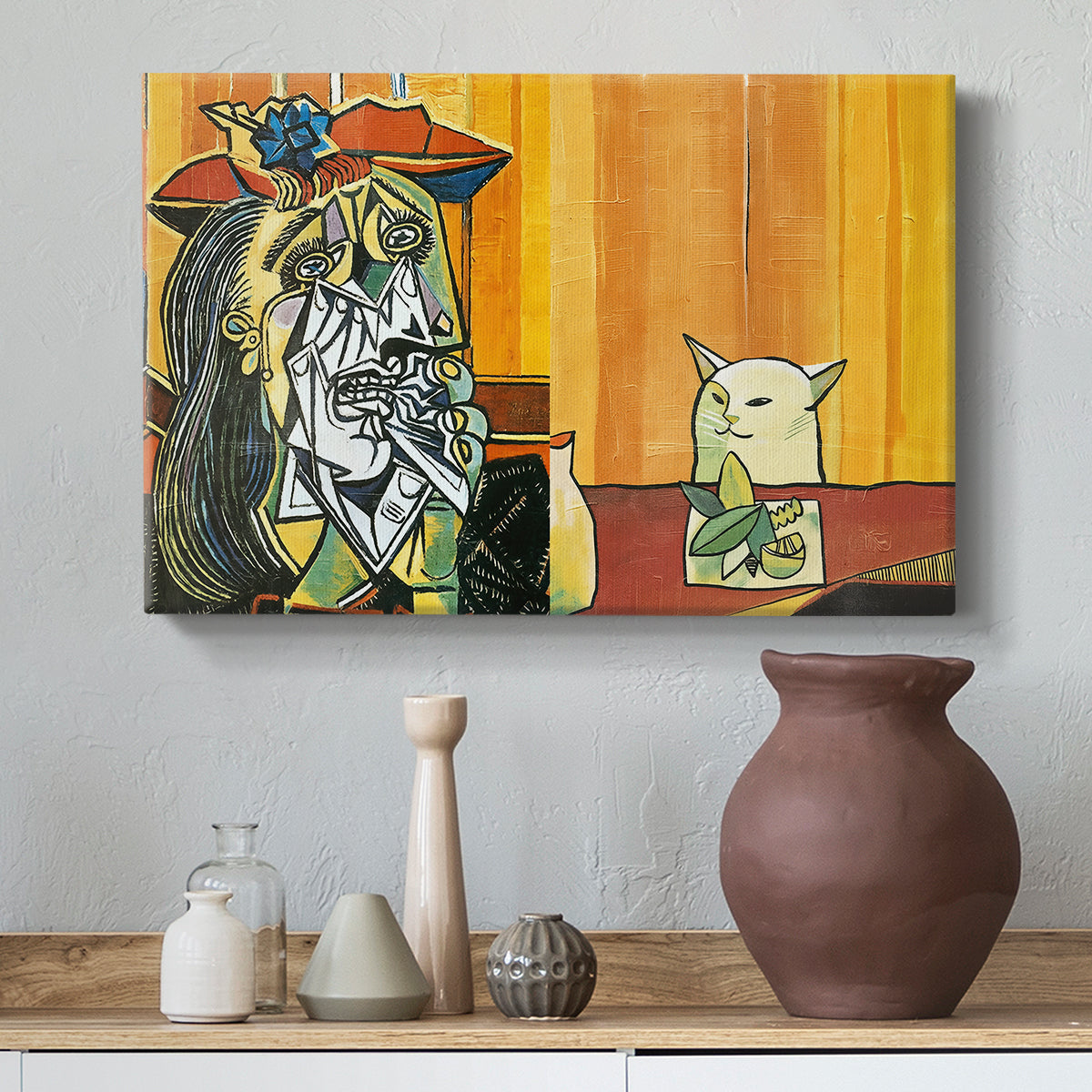 Canvas art print featuring a humorous distorted composition, styled above a decorative console