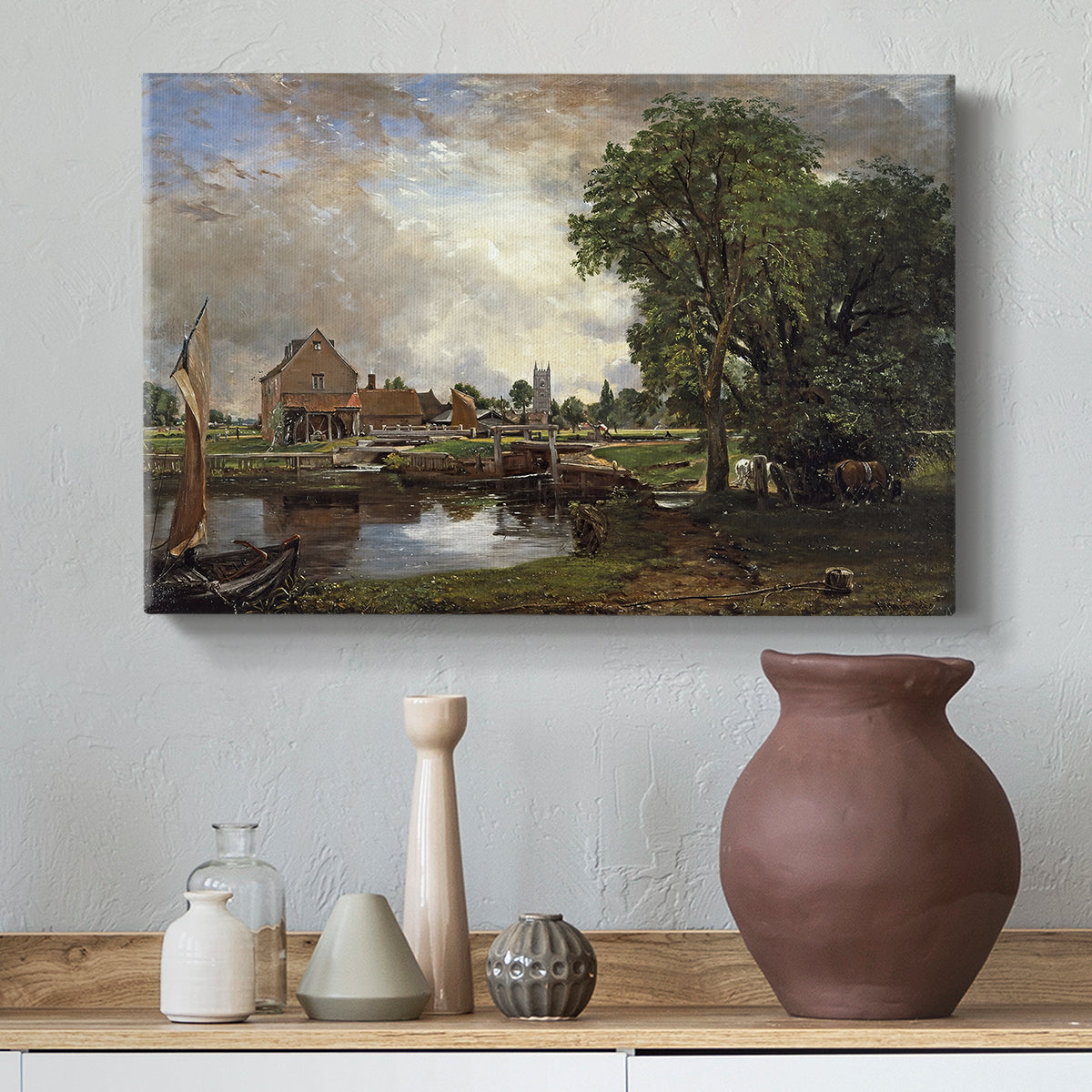 Canvas art print featuring a landscape combining architecture and nature, styled above a decorative console