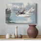 Canvas art print featuring a maritime composition featuring boats and calm sea surface, styled above a decorative console