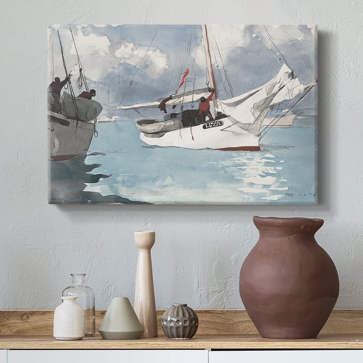 Canvas art print featuring a maritime composition featuring boats and calm sea surface, styled above a decorative console
