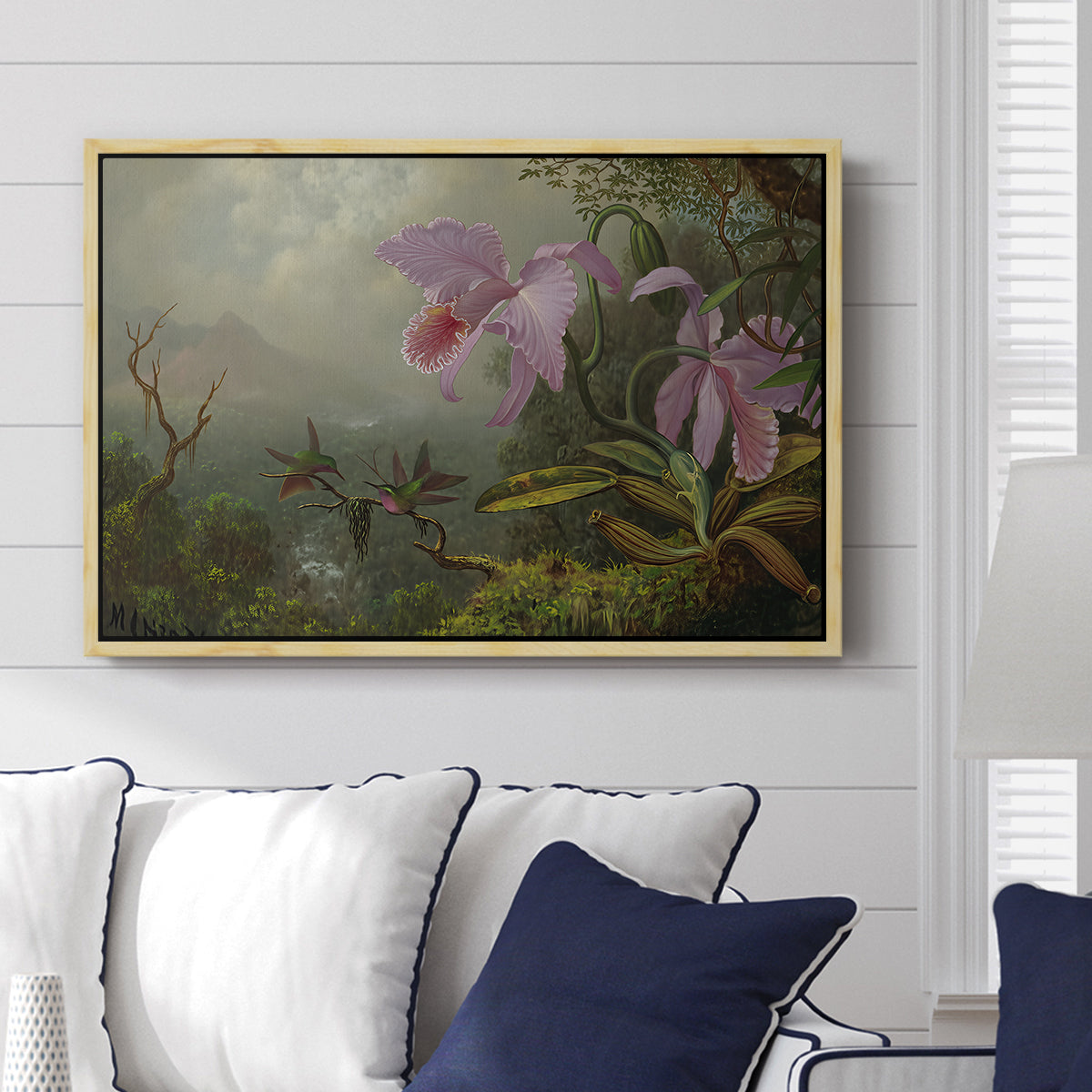 Two Sun Angel Hummingbirds on a Branch, c. 1890-1904 - Floater Framed Canvas Print