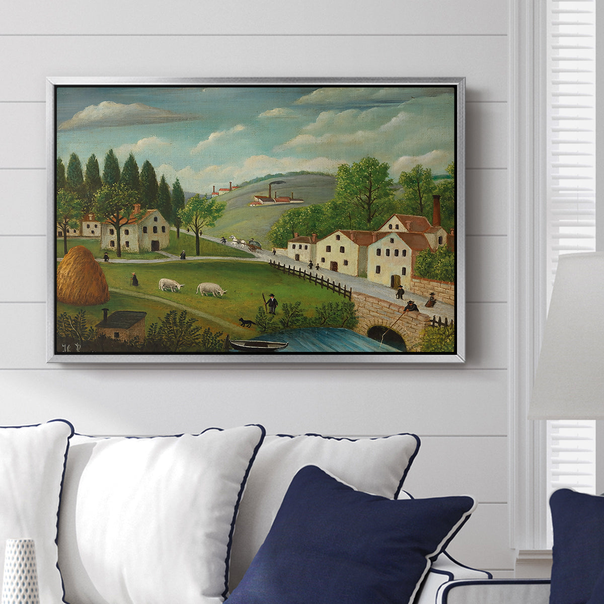 Pastoral Landscape with Stream, Fisherman and Strollers, 1875-1880 - Floater Framed Canvas Print