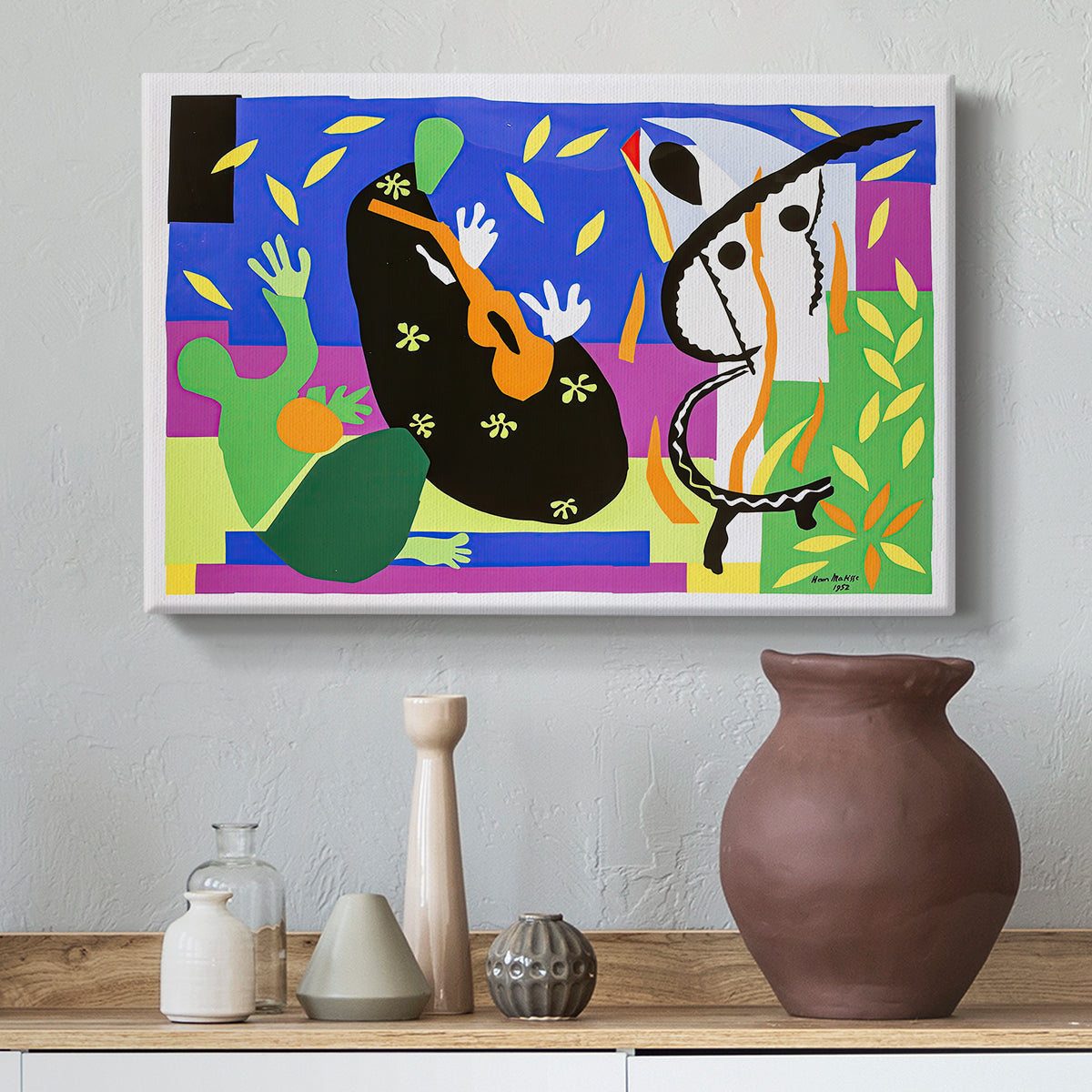 Canvas art print featuring an expressive abstract scene with musical references, styled above a decorative console