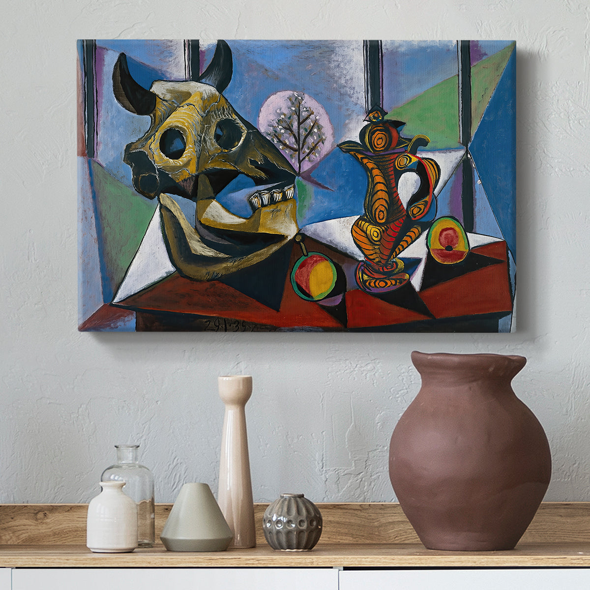 Canvas art print featuring an expressive composition with sharp planes, styled above a decorative console