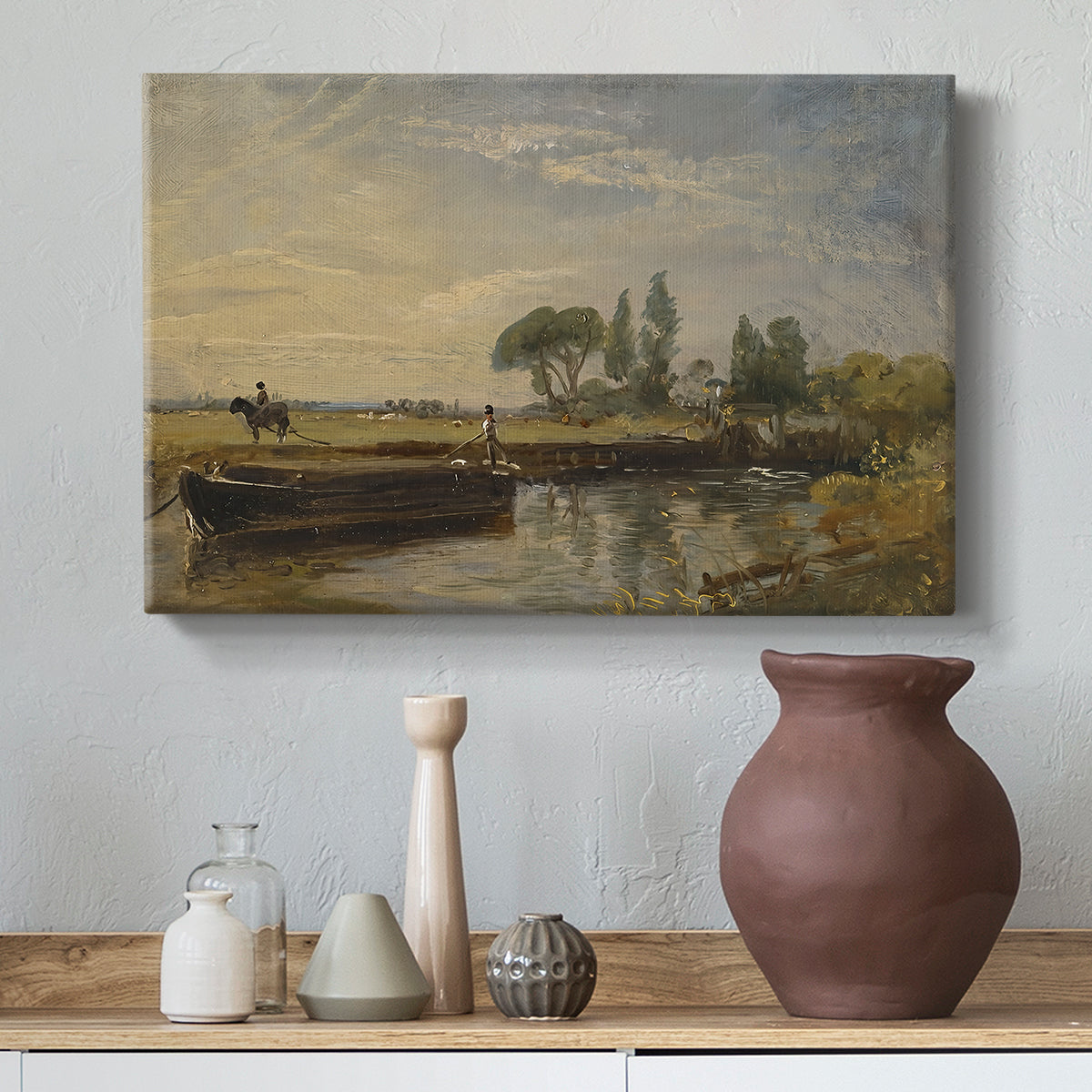 Canvas art print featuring a pastoral landscape featuring canal, styled above a decorative console