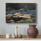 Canvas art print featuring a natural composition with river and distant shoreline, styled above a decorative console