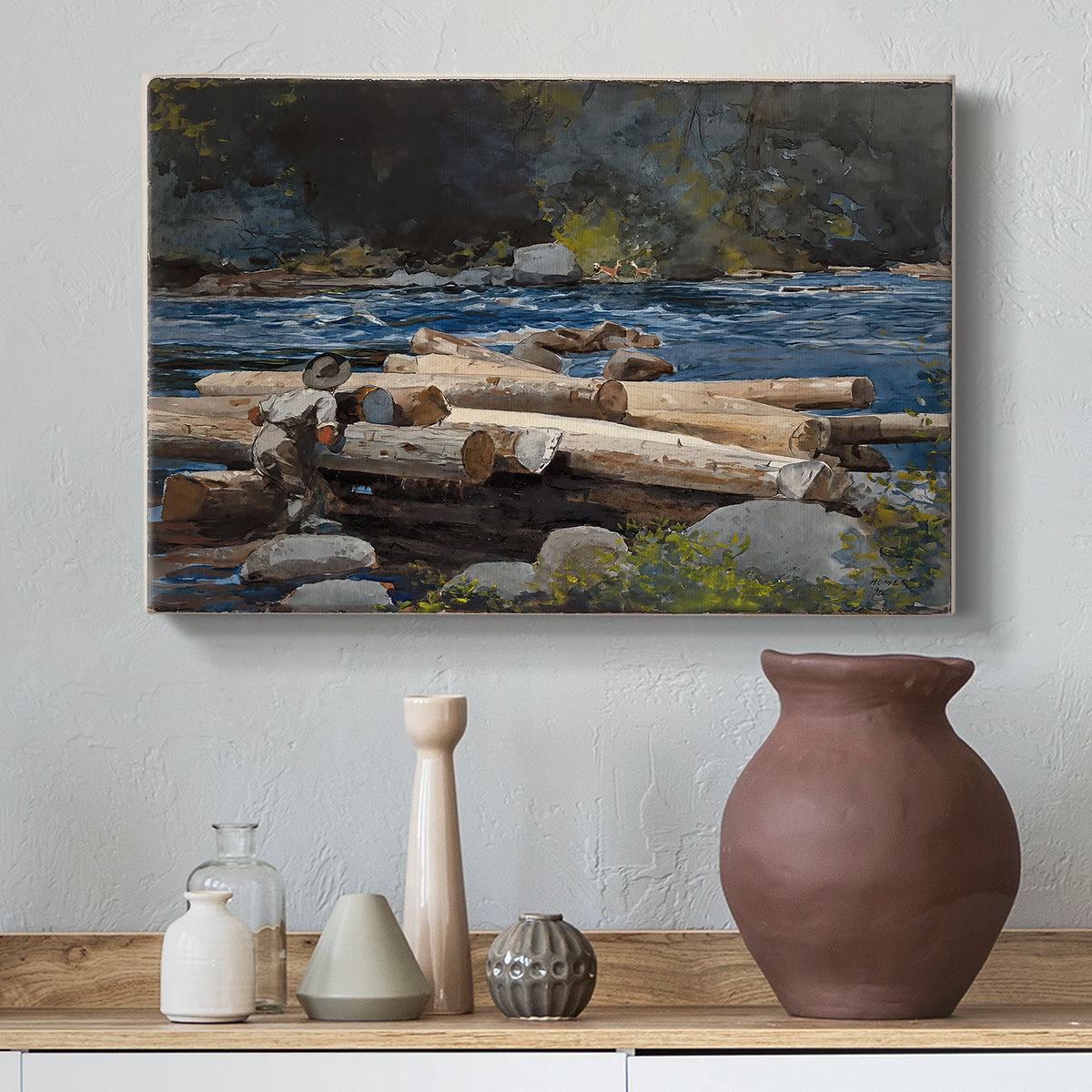 Canvas art print featuring a natural composition with river and distant shoreline, styled above a decorative console