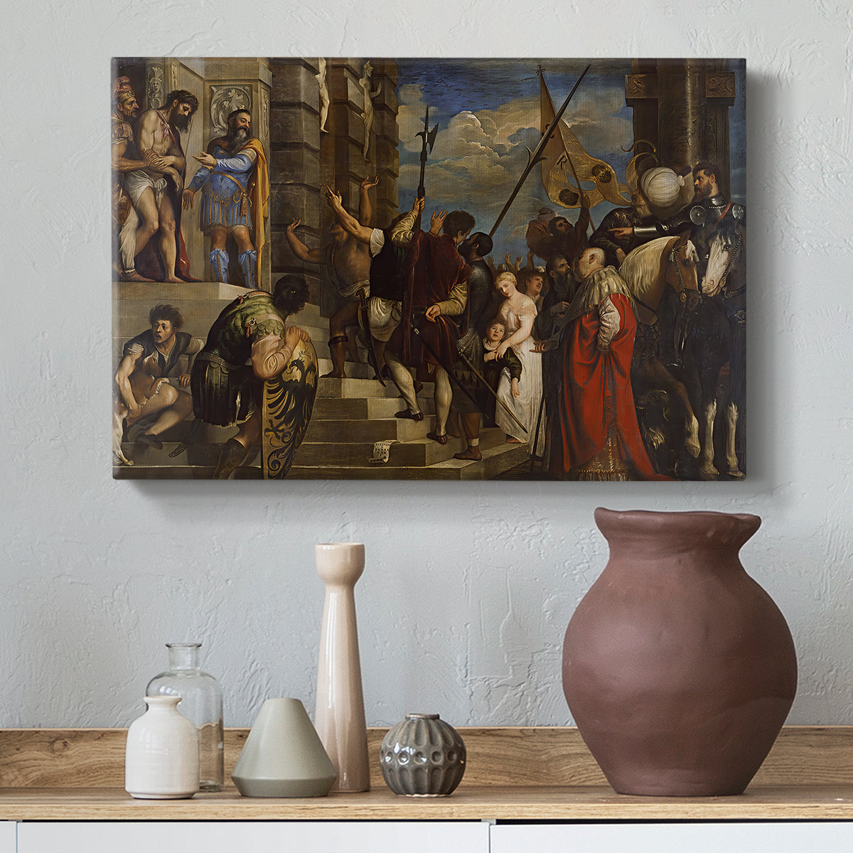 Canvas art print featuring a narrative scene of Christ among soldiers and onlookers, styled above a decorative console