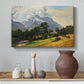 Canvas art print featuring a realistic landscape emphasizing elevation, styled above a decorative console