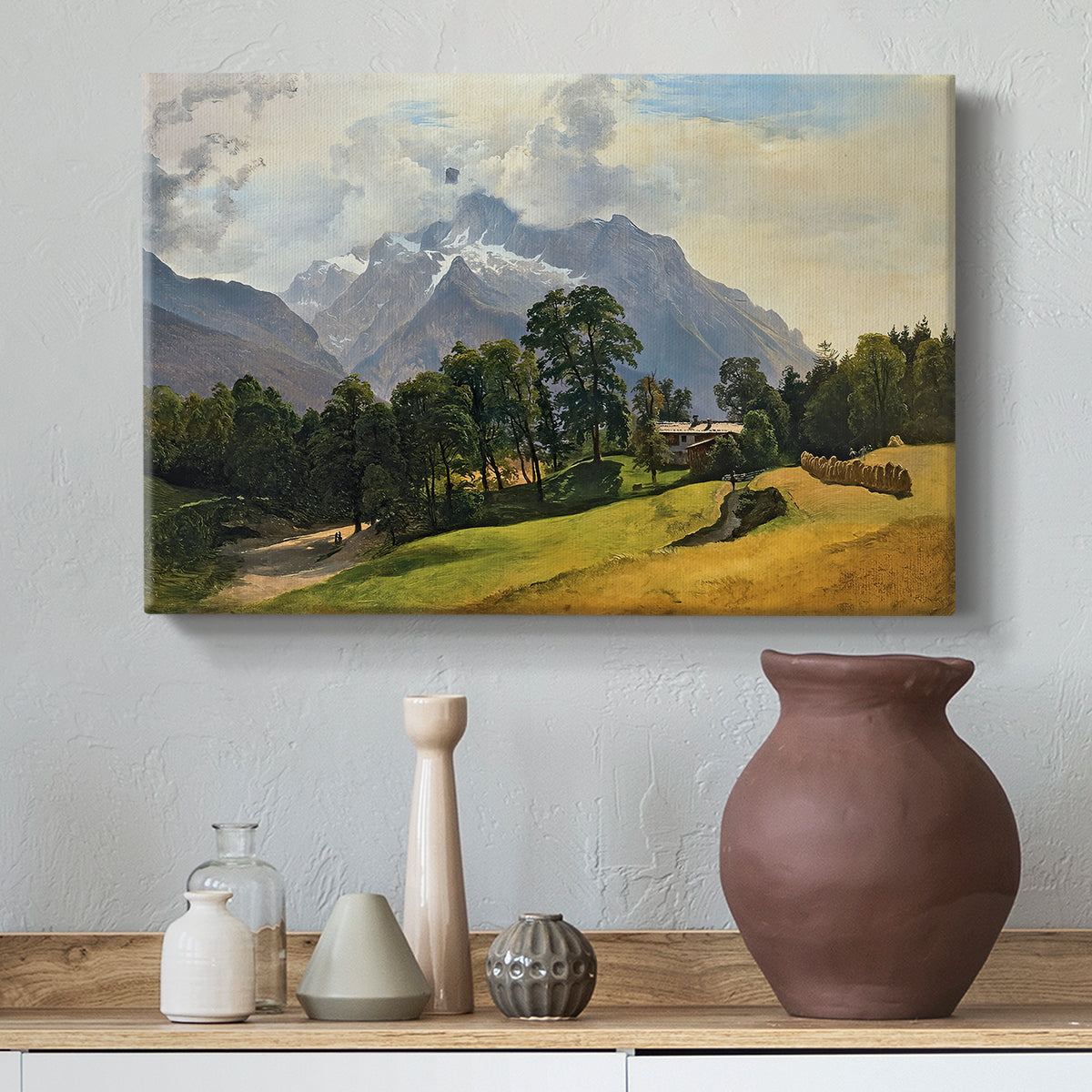 Canvas art print featuring a realistic landscape emphasizing elevation, styled above a decorative console
