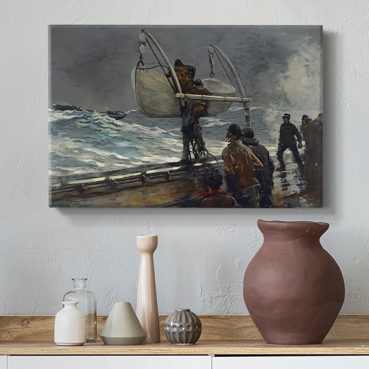 Canvas art print featuring a shoreline composition showing communication between land and sea, styled above a decorative console
