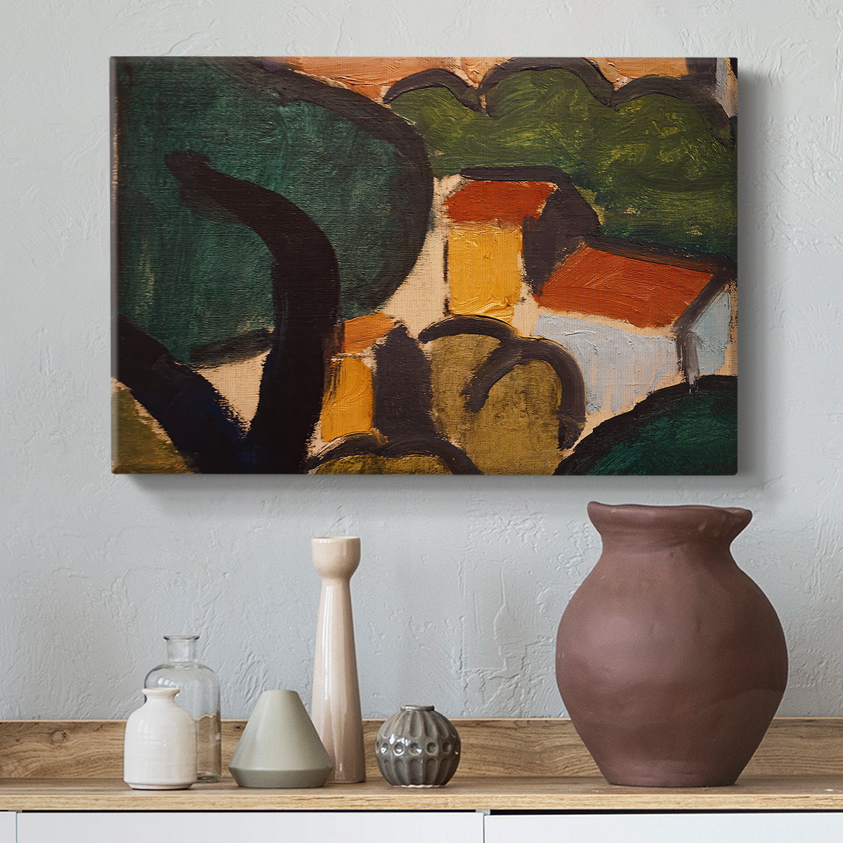 Canvas art print featuring a Fauvist landscape of trees and houses in abstracted form, styled above a decorative console