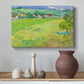 Canvas art print featuring a post-impressionist landscape emphasizing depth and color, styled above a decorative console