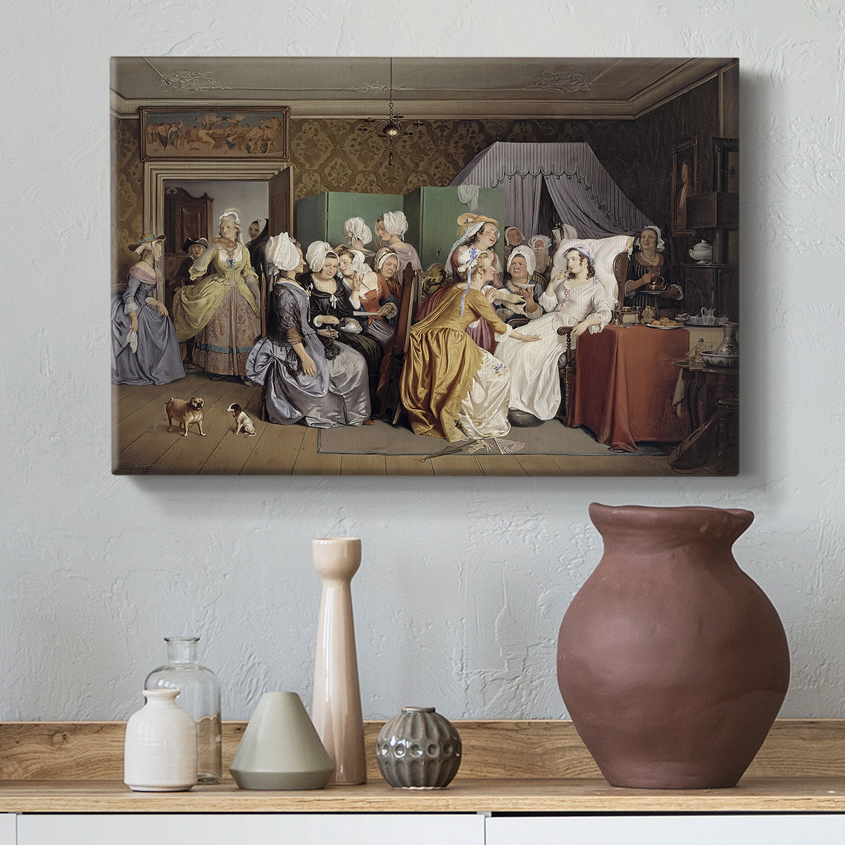 Canvas art print featuring a group composition centered on childbirth setting, styled above a decorative console