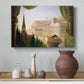 Canvas art print featuring an imaginative scene combining classical and monumental buildings, styled above a decorative console