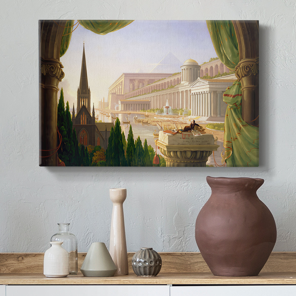 Canvas art print featuring an imaginative scene combining classical and monumental buildings, styled above a decorative console