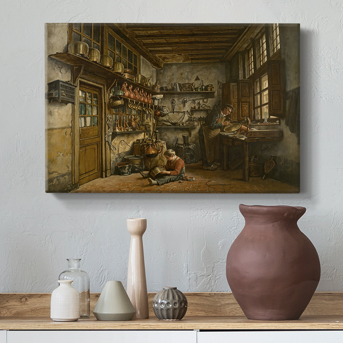 Canvas art print featuring an interior scene with figure engaged in manual work, styled above a decorative console