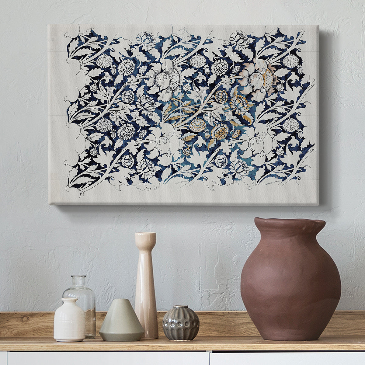 Canvas art print featuring a decorative composition featuring branching stems and leaves, styled above a decorative console