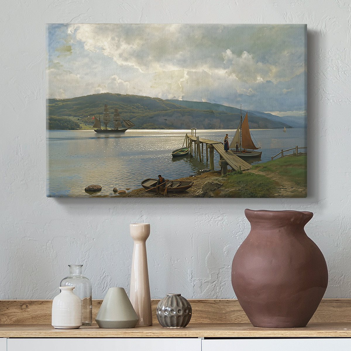 Canvas art print featuring a tranquil harbor view with dock and reflections, styled above a decorative console