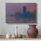Canvas art print featuring an atmospheric London scene with buildings fading into haze, styled above a decorative console