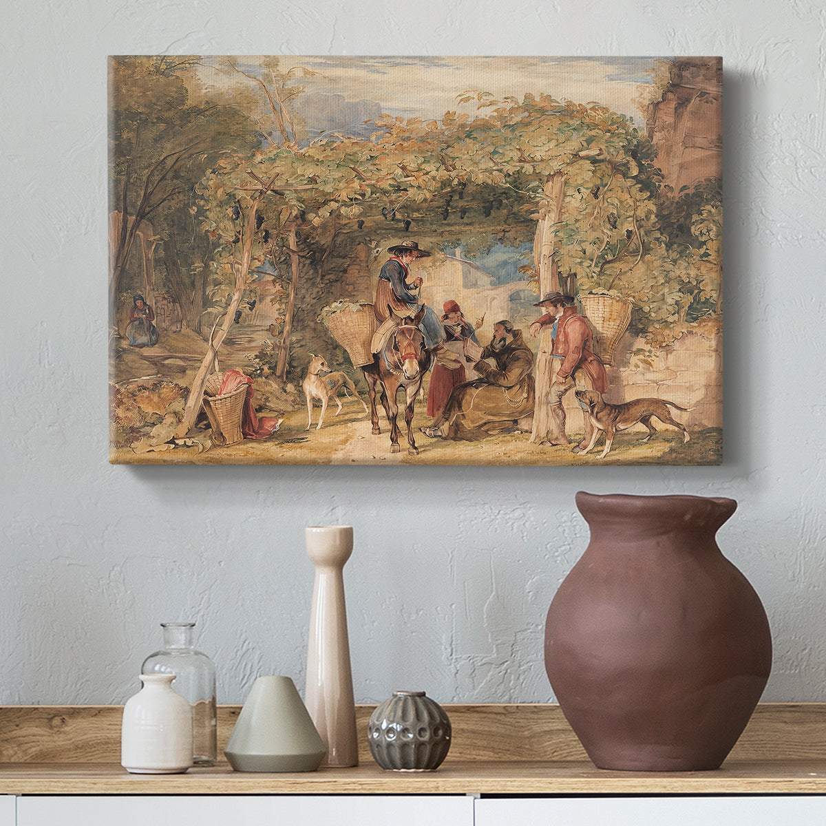 Canvas art print featuring an expressive countryside composition with agriculture, styled above a decorative console