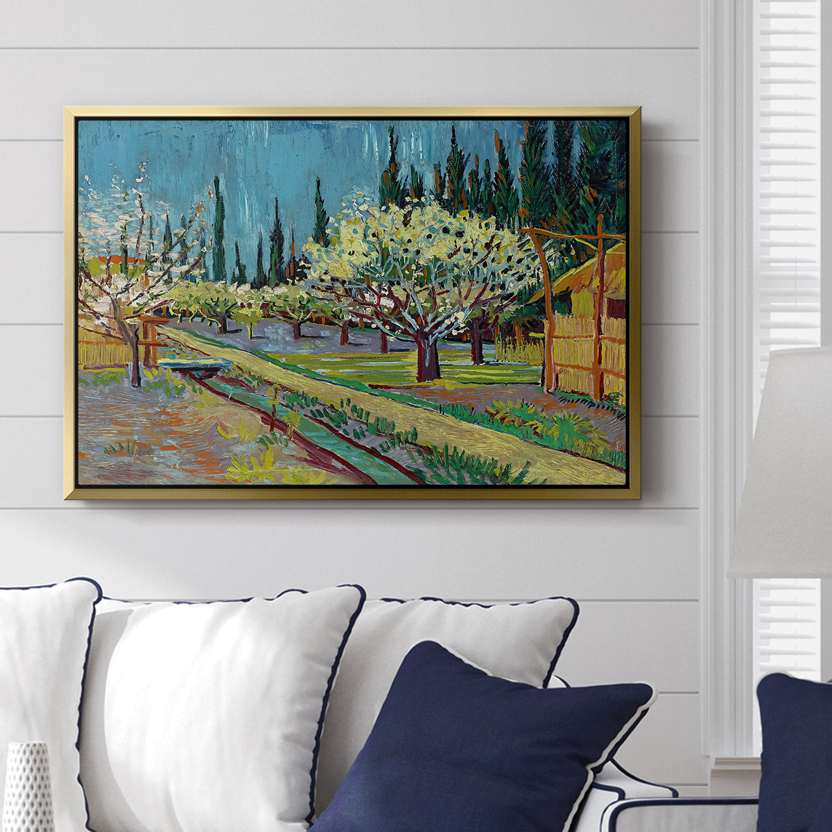 Orchard in Blossom, Bordered by Cypresses, 1888 - Floater Framed Canvas Print