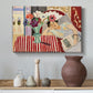 Canvas art print featuring an expressive interior with woman and bright flowers on table, styled above a decorative console