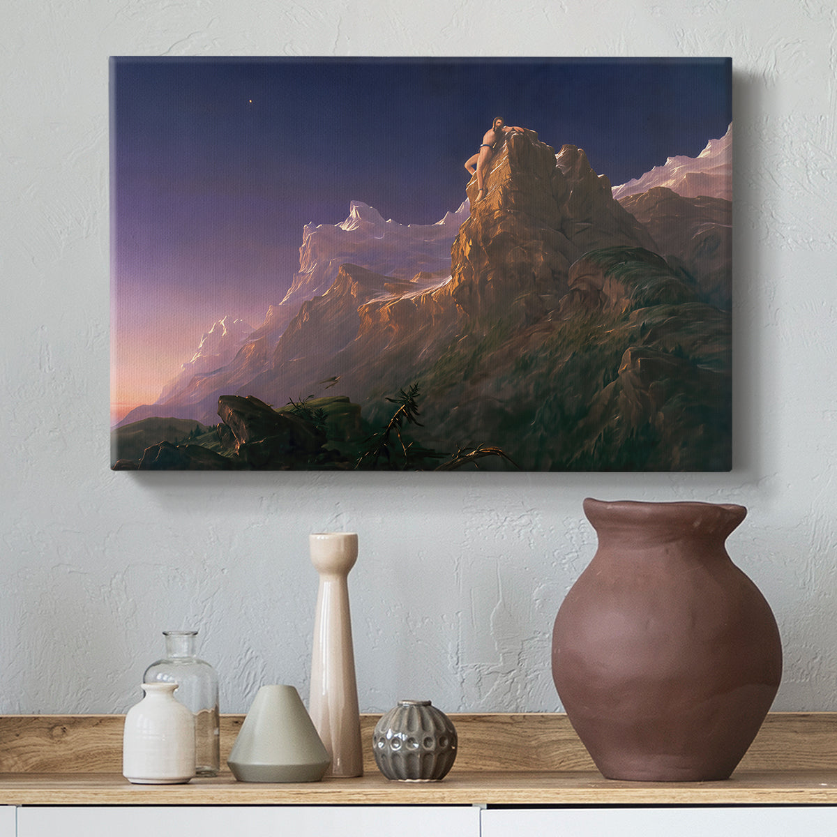 Canvas art print featuring a romantic composition with symbolic figure and environment, styled above a decorative console
