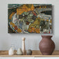 Canvas art print featuring an expressionist depiction of island town with geometric forms, styled above a decorative console