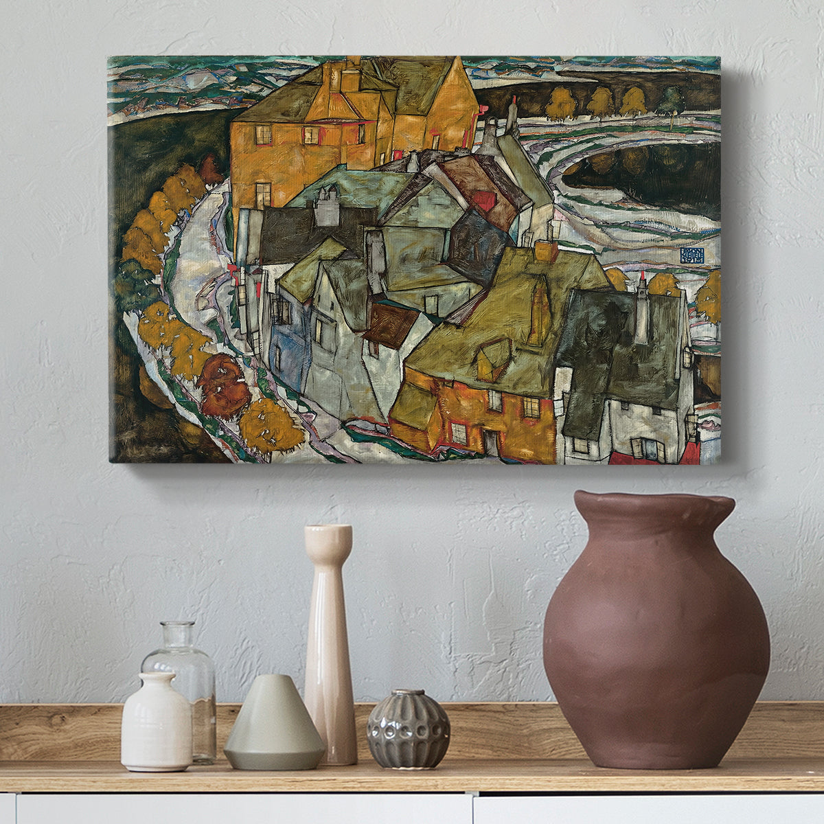 Canvas art print featuring an expressionist depiction of island town with geometric forms, styled above a decorative console