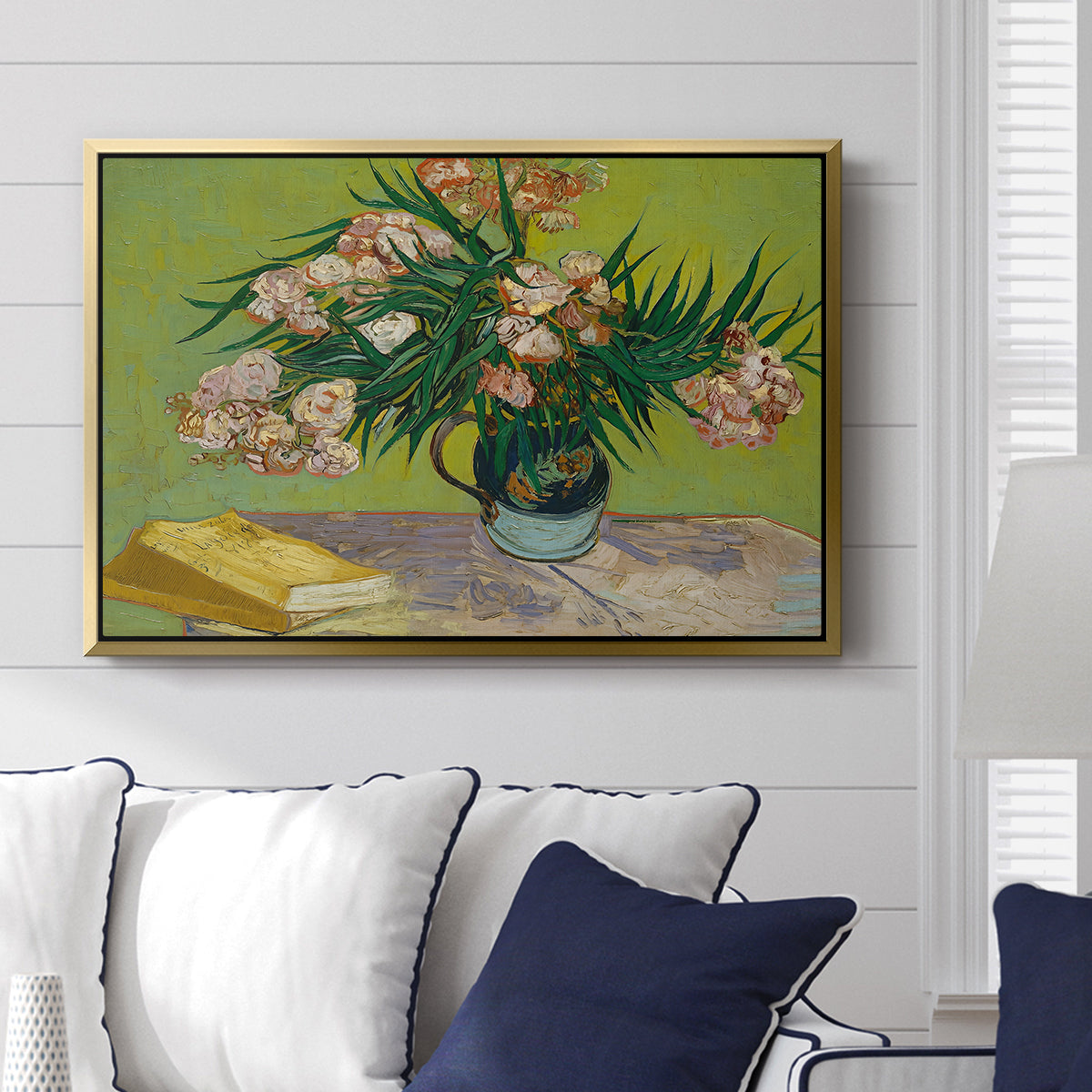 Vase with Oleanders and Books, 1888 - Floater Framed Canvas Print
