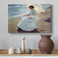 Canvas art print featuring an impressionist figure study with ocean backdrop, styled above a decorative console
