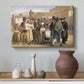 Canvas art print featuring an outdoor marketplace with central figure addressing onlookers, styled above a decorative console