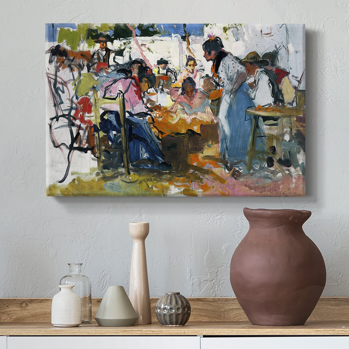 Canvas art print featuring an expressive depiction of coastal work activity, styled above a decorative console