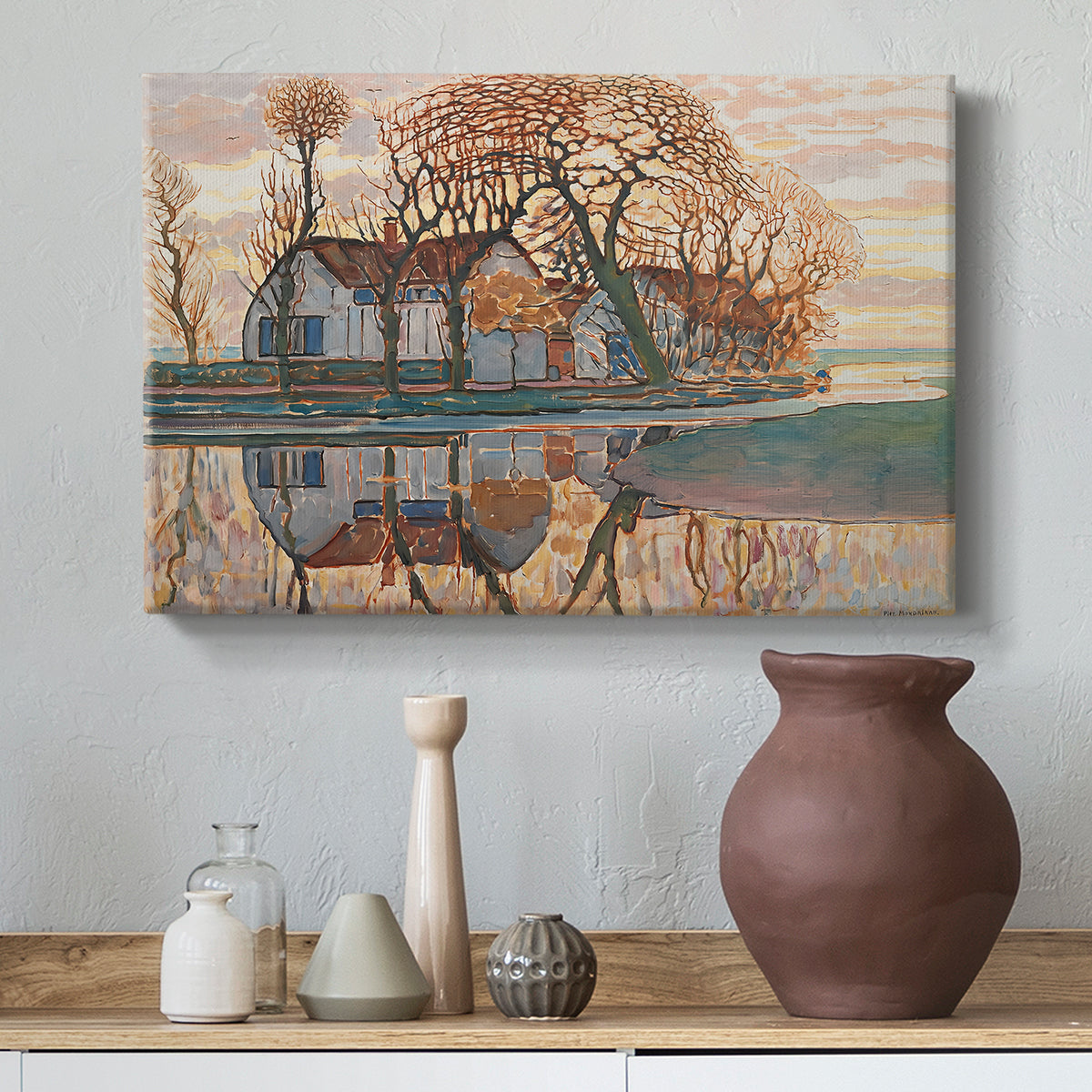 Canvas art print featuring a transitional abstraction, styled above a decorative console