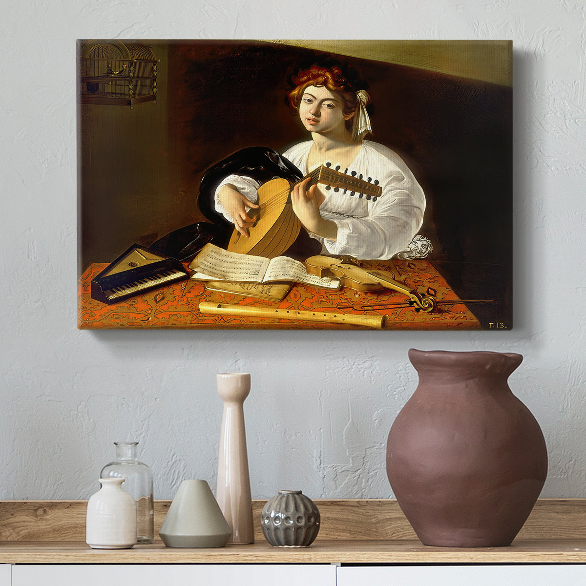 Canvas art print featuring a detailed scene of youth playing string instrument with fruit and flowers nearby, styled above a decorative console