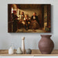 Canvas art print featuring a traditional village interior with figures engaged in conversation by candlelight, styled above a decorative console