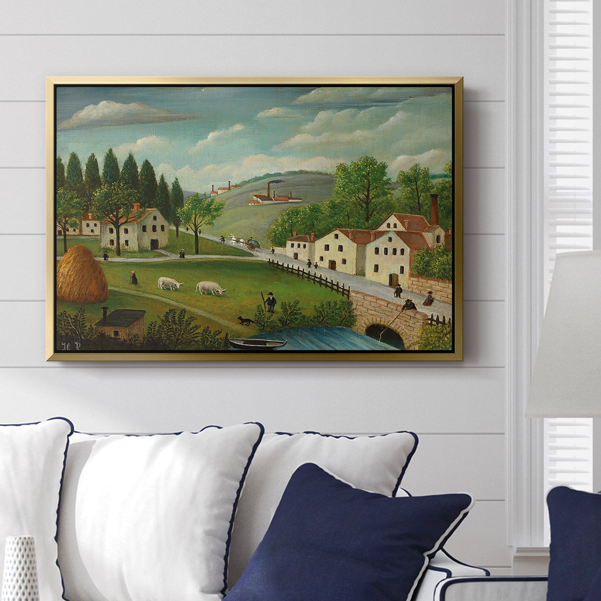 Pastoral Landscape with Stream, Fisherman and Strollers, 1875-1880 - Floater Framed Canvas Print