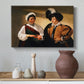 Canvas art print featuring an intimate scene of palm reading with subtle act of theft, styled above a decorative console