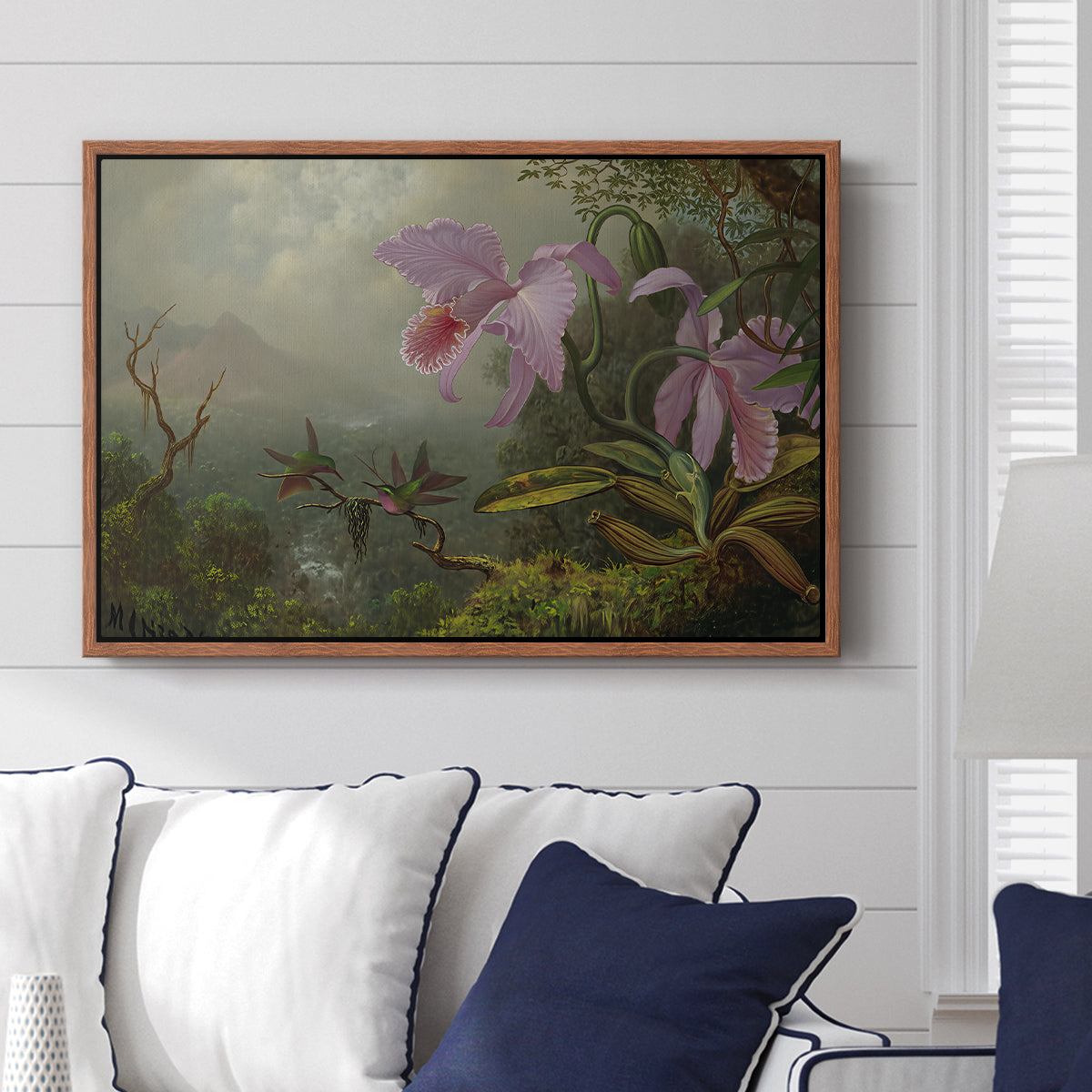 Two Sun Angel Hummingbirds on a Branch, c. 1890-1904 - Floater Framed Canvas Print