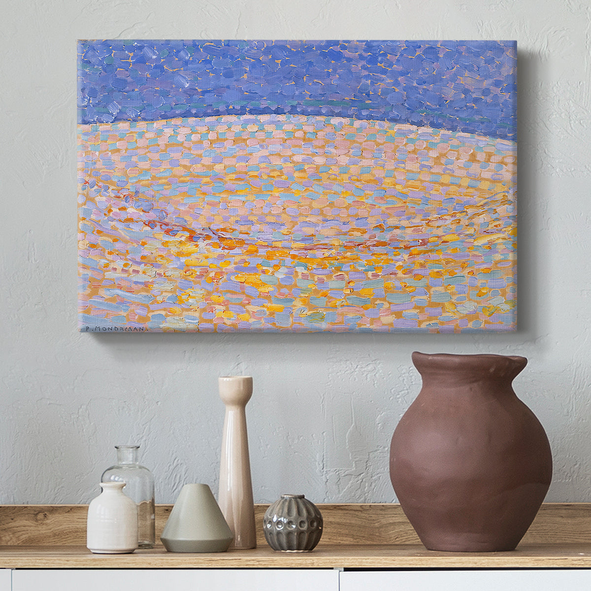 Canvas art print featuring an expressive composition emphasizing surface and pattern, styled above a decorative console