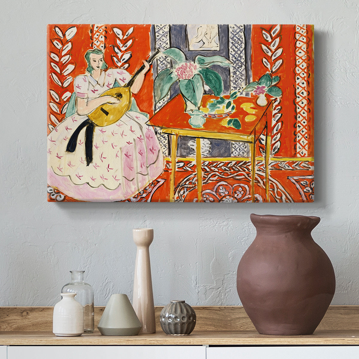 Canvas art print featuring an expressive interior scene centered on a lute player, styled above a decorative console