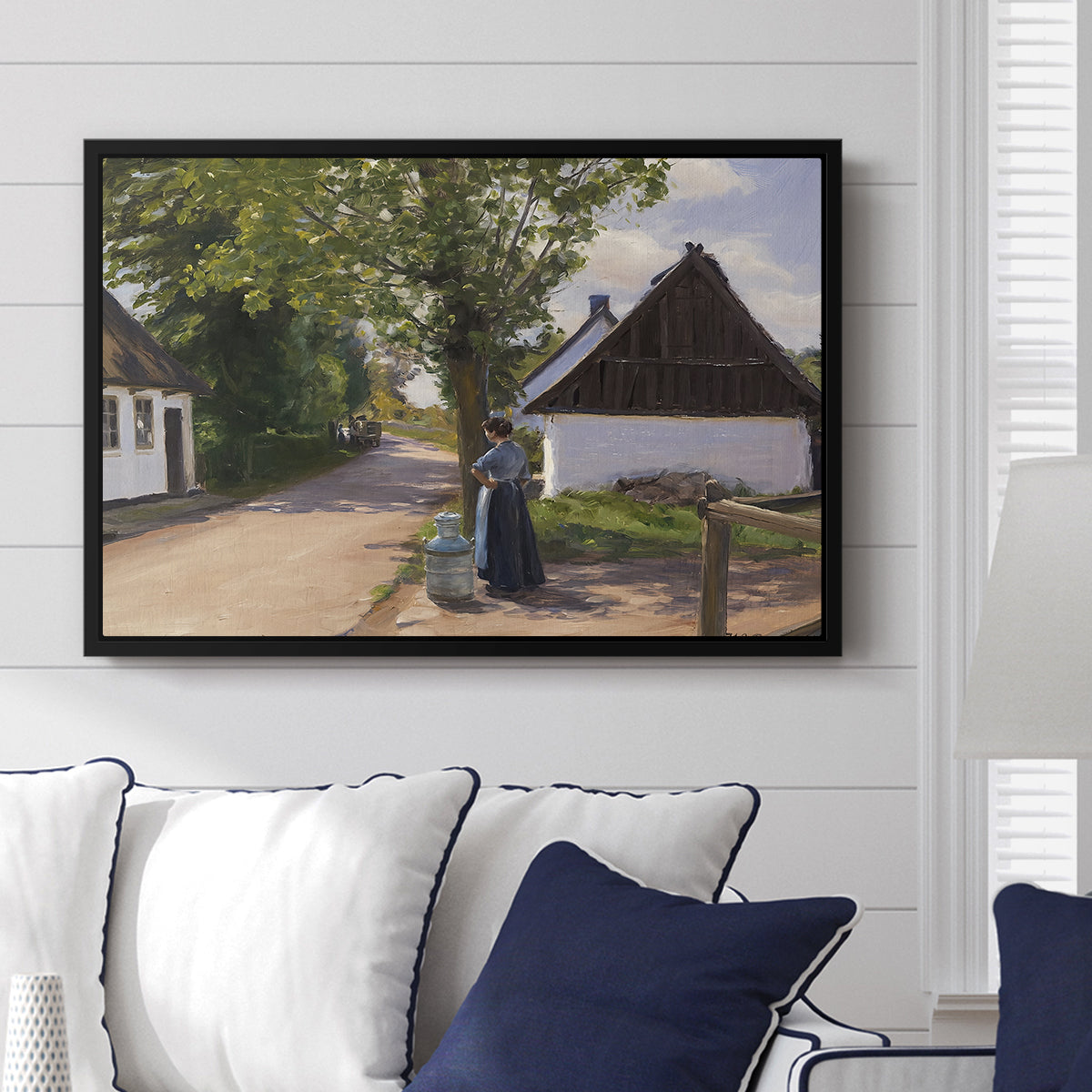 Danish Village Street with Woman and Milkman, 1880 - Floater Framed Canvas Print